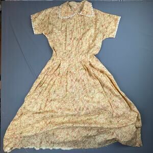 Vintage 50s Floral House Dress Handmade Yellow Pink Lace Collar Talon Zip